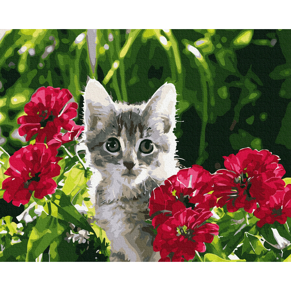 Картина по номерам Тварини, птахи та риби - Кошеня в квітах