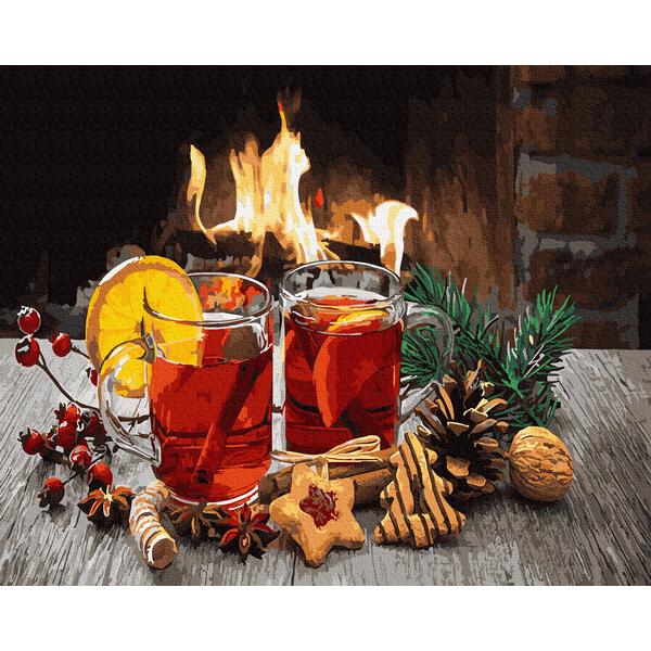 Картина по номерам Затишок, зима, Новий рік, Різдво - Різдвяний глінтвейн