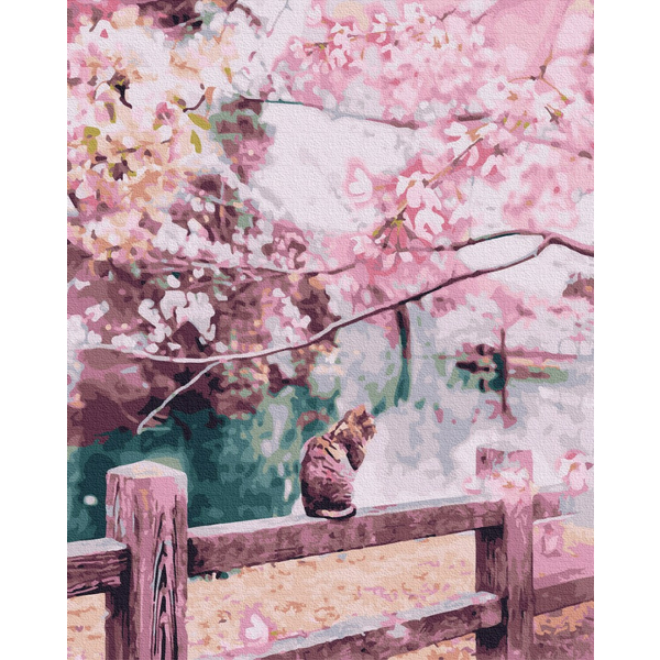 Картина по номерам Тварини, птахи та риби - Котик в квітучих сакурах