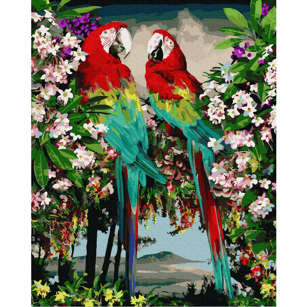 Картина по номерам Тварини, птахи та риби - Яскраві папуги в цвіту