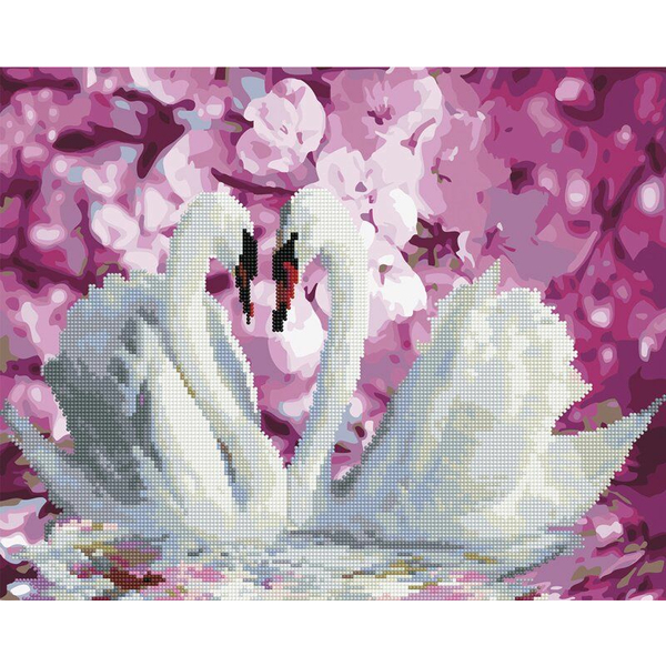 Комбінована алмазна мозаїка - Лебеді в квітах