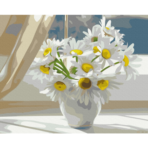 Картина по номерам Квіти - Ромашки в білій вазі на вікні