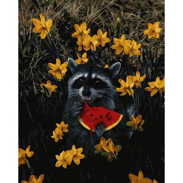 Картина по номерам Тварини, птахи та риби - Єнотик в квітах