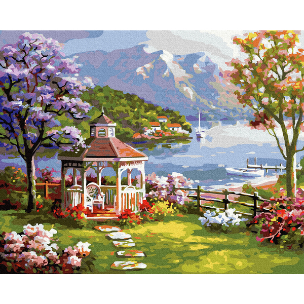 Картина по номерам Пейзажі - Альтанка біля гірського озера