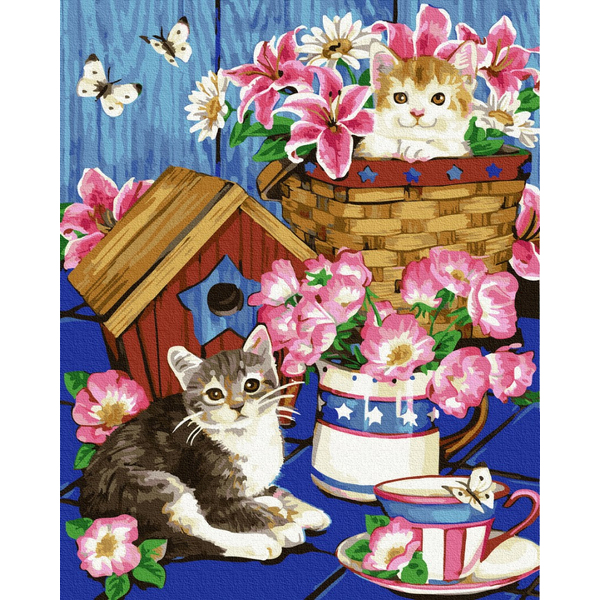 Картина по номерам Тварини, птахи та риби - Котенята в квітах