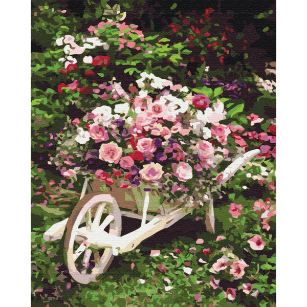 Картина по номерам Квіти - Садовая тележка с цветами