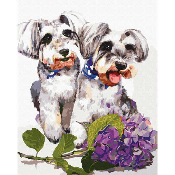 Картина по номерам Тварини, птахи та риби - Собачки з гортензією