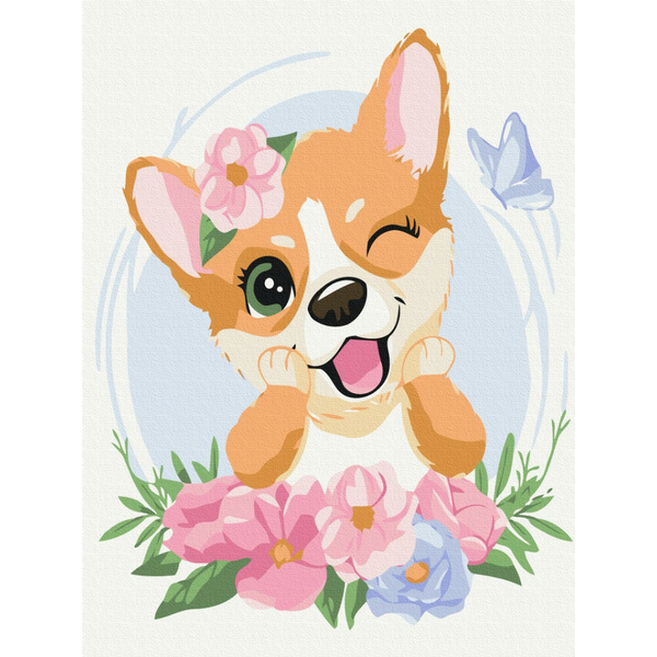 Картина по номерам Картины 30х40 - Коргі в квіточках