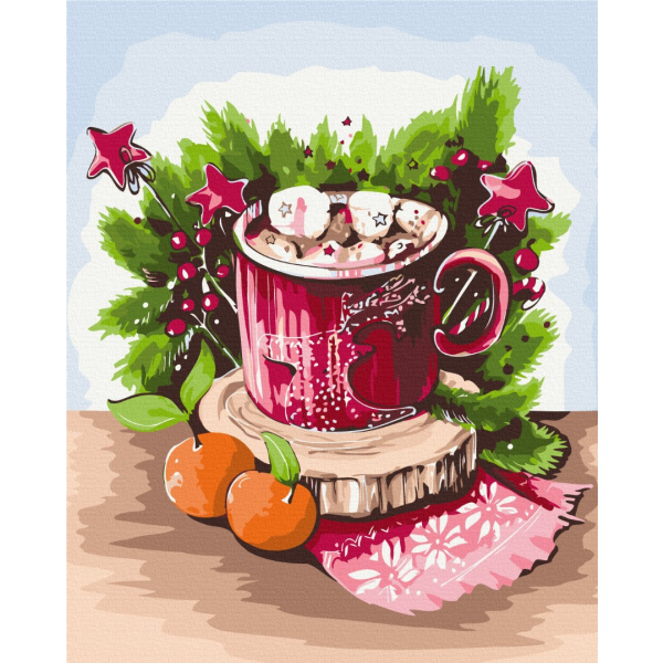 Картина по номерам Затишок, зима, Новий рік, Різдво - Маршмелоу в чашці