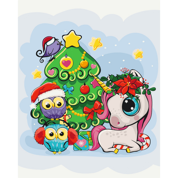 Картина по номерам Затишок, зима, Новий рік, Різдво - Святковий єдиноріг