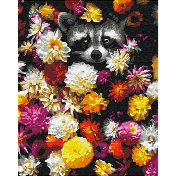 Картина по номерам Тварини, птахи та риби - Єнот в квітах