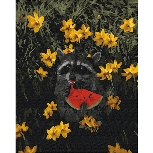 Картина по номерам Тварини, птахи та риби - Єнотик в квітах