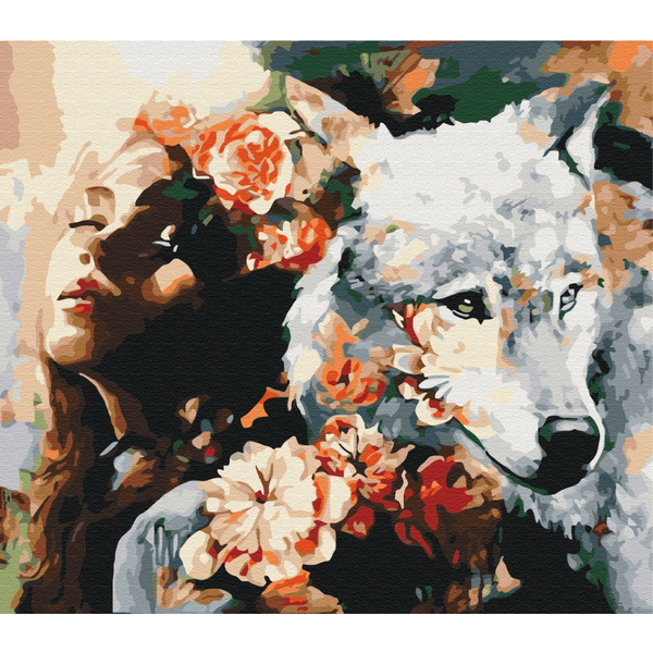 Картина по номерам Абстракції - Дівчина з вовком в квітах