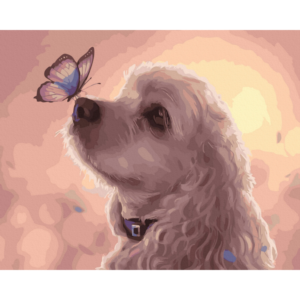 Картина по номерам Тварини, птахи та риби - Собачка з метеликом на носі