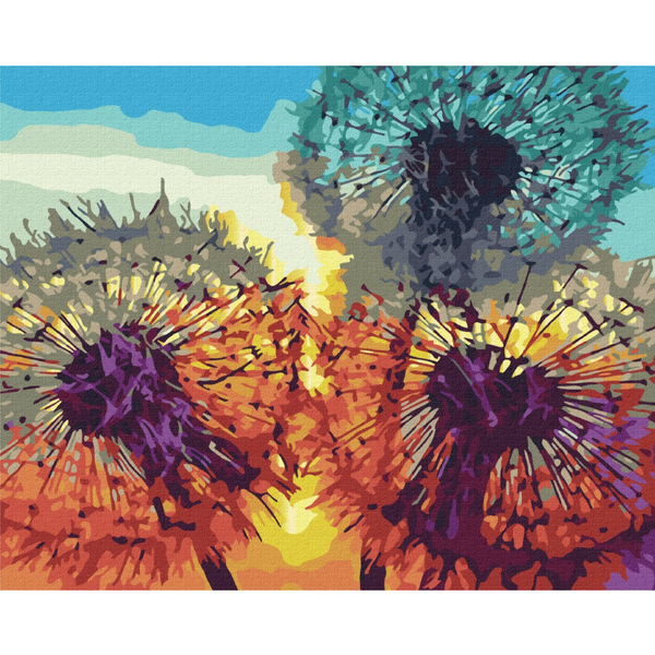 Картина по номерам із золотою фарбою - Кульбабки на заході сонця