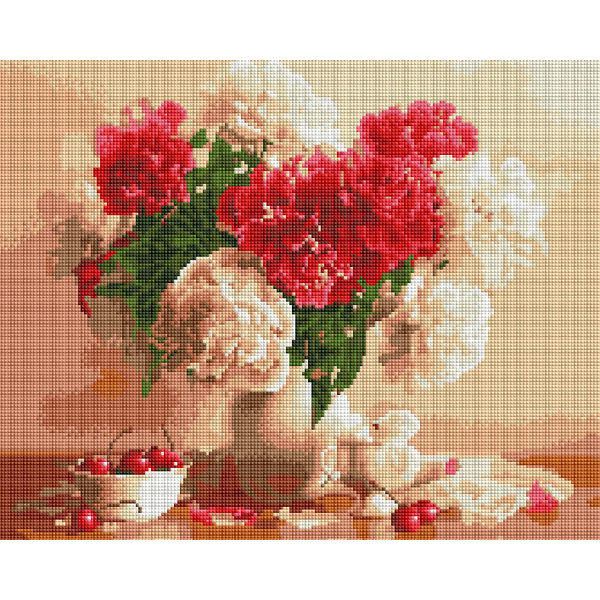 Алмазна мозаїка 40х50 - Червоно-білі піони і вишні
