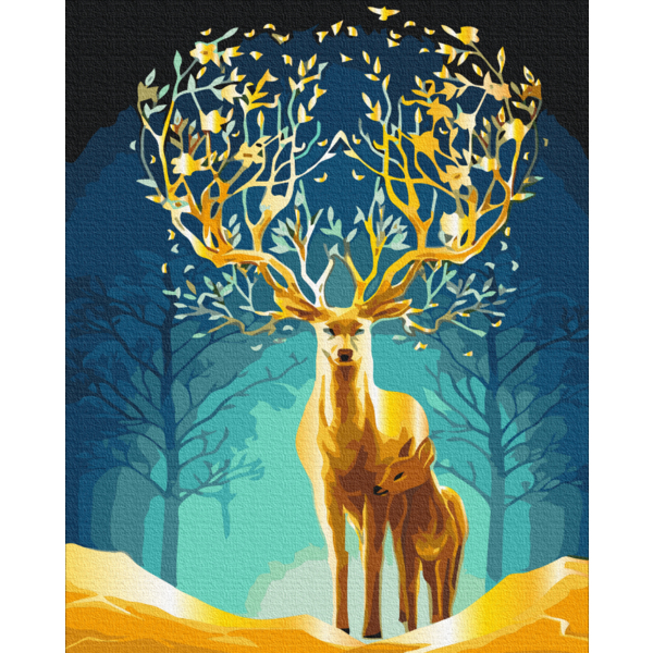 Картина по номерам Тварини, птахи та риби - Золоті олені в лісі