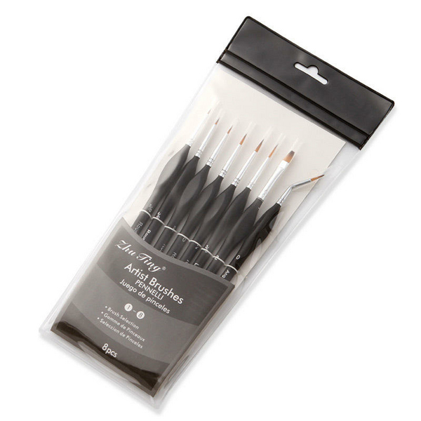Пензлі для малювання (281) - Набор профессиональных нейлоновых кисточек 8 шт. (черные с серебряными вставками)