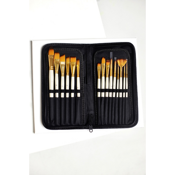 Пензлі для малювання (281) - Набор профессиональных нейлоновых кисточек 15 шт. (текстильный пенал)