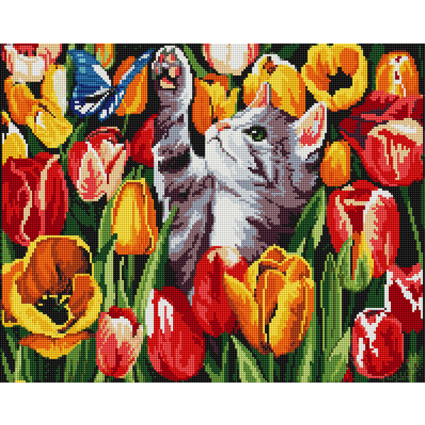 Алмазна мозаїка 40х50 - Котик в тюльпанах