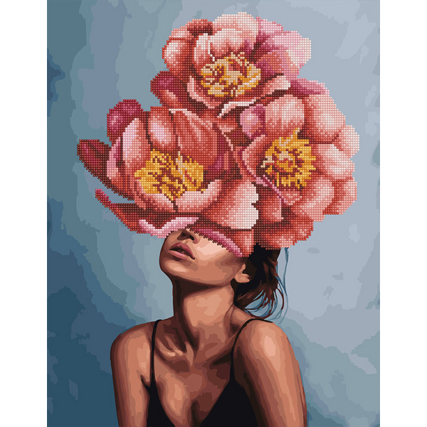 Комбінована алмазна мозаїка - Дівчина в квітучій півонії