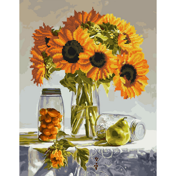 Комбінована алмазна мозаїка - Натюрморт з соняхами і фруктами