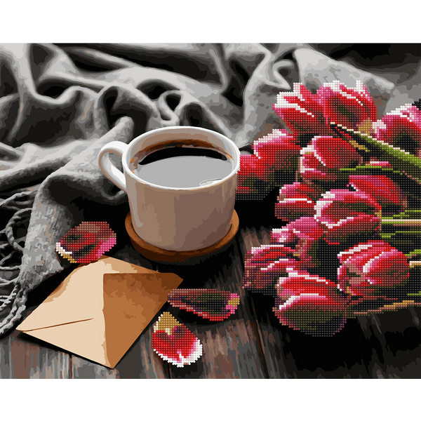 Комбінована алмазна мозаїка - Тюльпани до кави