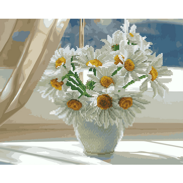 Комбінована алмазна мозаїка - Ромашки в білій вазі на вікні