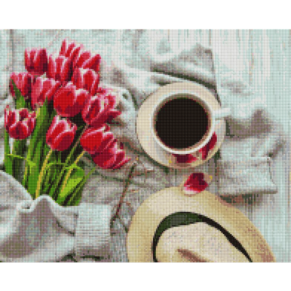 Алмазна мозаїка 40х50 - Cup of coffee and pink tulips