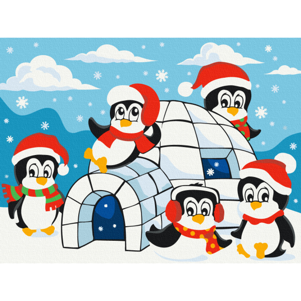 Картина по номерам Затишок, зима, Новий рік, Різдво - Хатинка пінгвінів