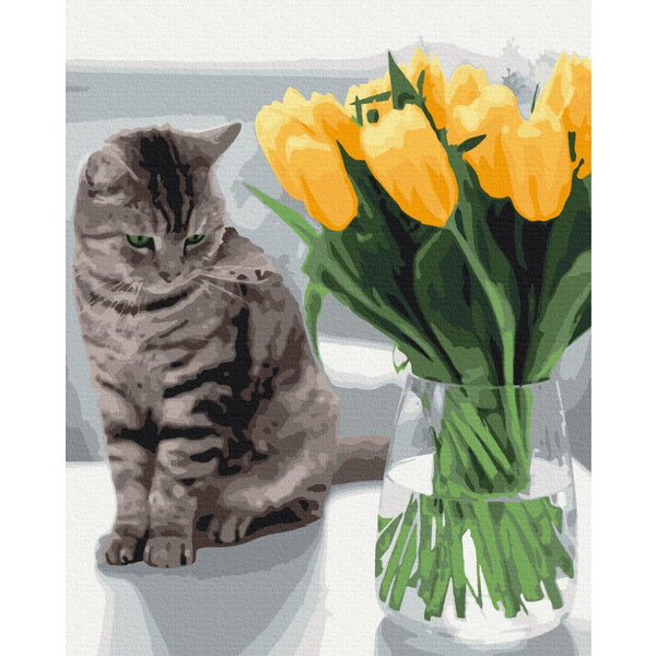 Картина по номерам Преміум картини - Котик з тюльпанами