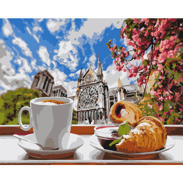 Картина по номерам Преміум картини - Кава з круасаном на фоні собору