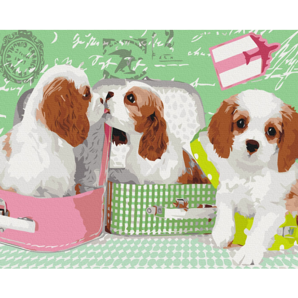 Картина по номерам Тварини, птахи та риби - Милі цуценятка у валізах
