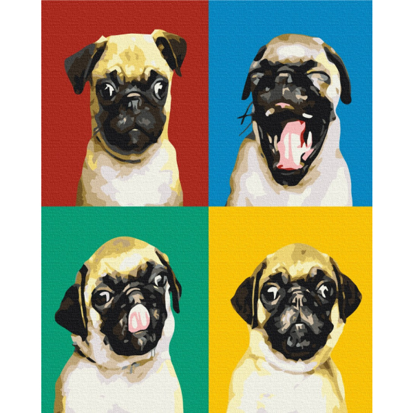Картина по номерам Тварини, птахи та риби - Колаж з мопсом