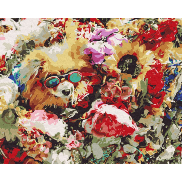 Картина по номерам Тварини, птахи та риби - Собачка в квітах