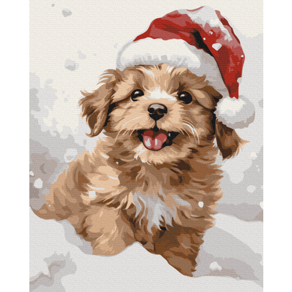 Картина по номерам Затишок, зима, Новий рік, Різдво - Засніжене цуценя