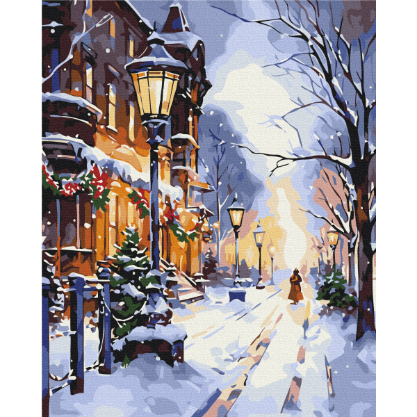 Картина по номерам Затишок, зима, Новий рік, Різдво - Сяйво ліхтарів взимку