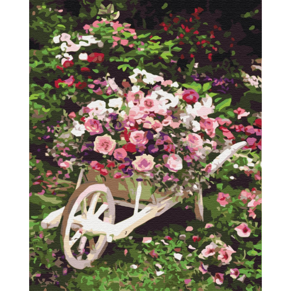 Картина по номерам Квіти - Садовая тележка с цветами