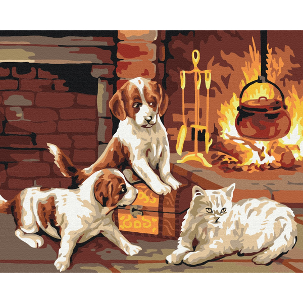 Картина по номерам Преміум картини - Улюбленці поруч з каміном