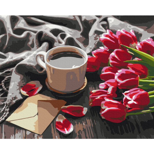 Картина по номерам Преміум картини - Тюльпани до кави