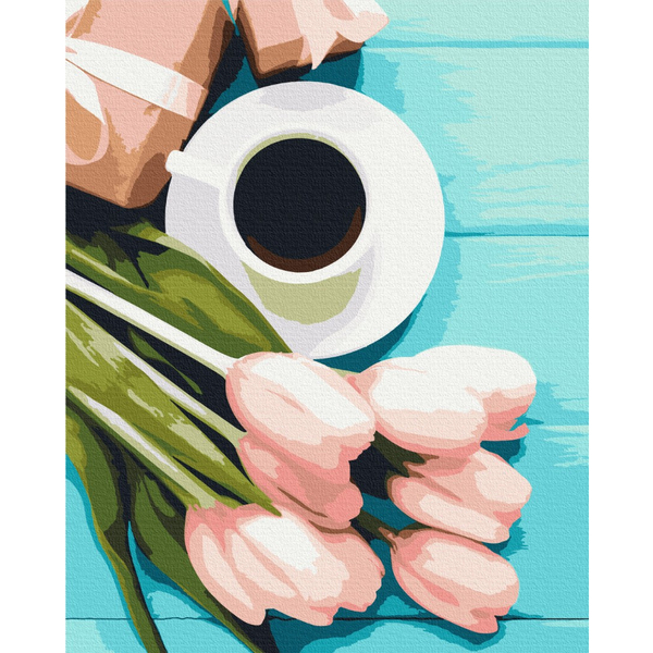 Картина по номерам Преміум картини - Тюльпани до кави