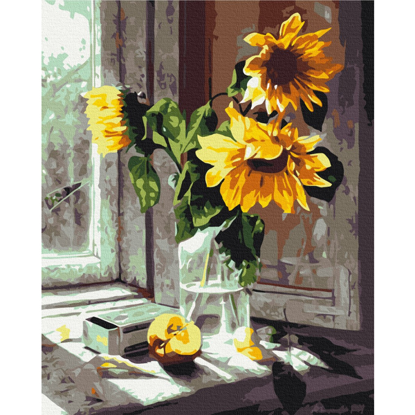 Картина по номерам Преміум картини - Букет соняхів у вікні