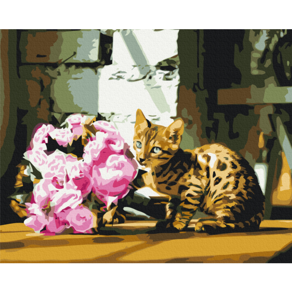 Картина по номерам Преміум картини - Плямистий котик з квітами