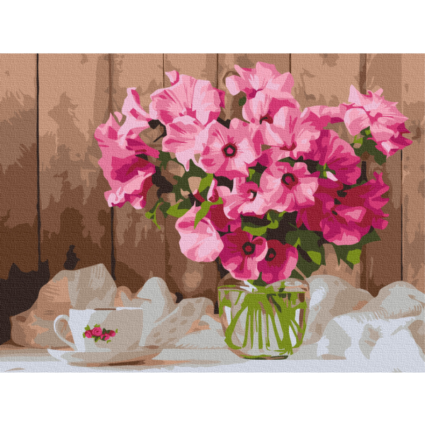 Картина по номерам Квіти - Рожеві петунії на столі