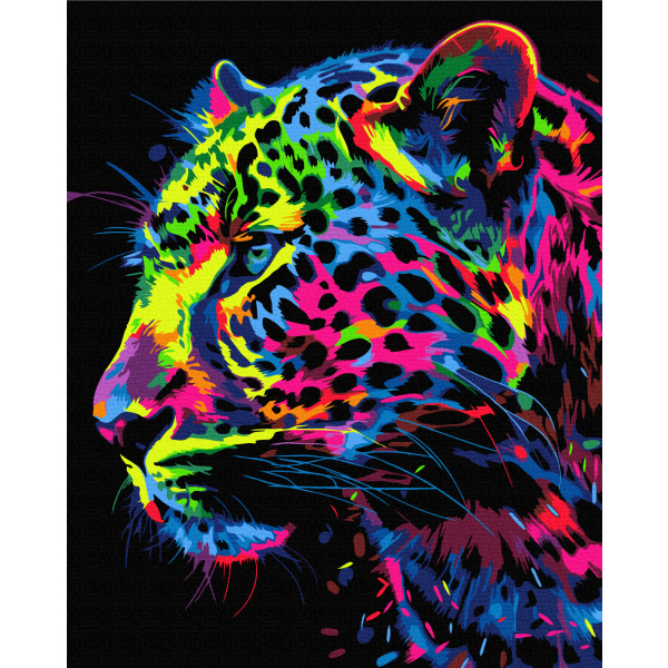 Картина по номерам На чорному полотні - Кольоровий леопард