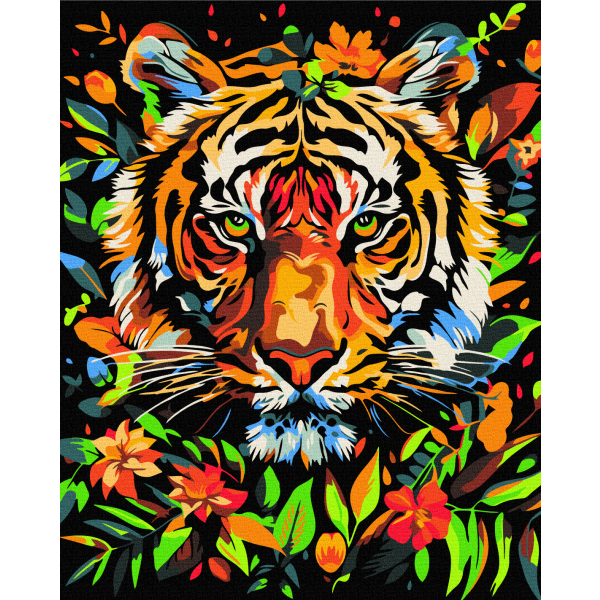 Картина по номерам На чорному полотні - Tiger in Flowers