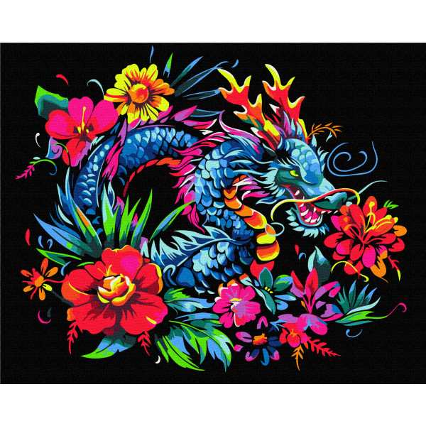 Картина по номерам На чорному полотні - Квітучий дракон