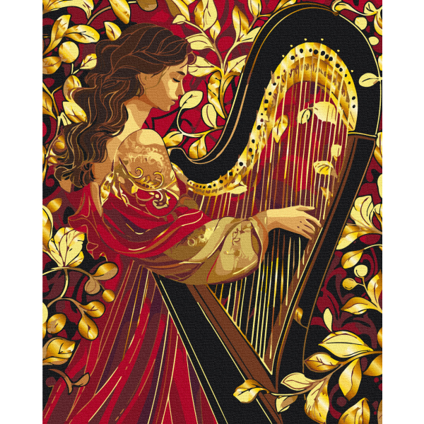 Картина по номерам Музика, музичні інструменти - Мелодія золотої арфи з фарбами металік