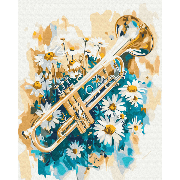 Картина по номерам Музика, музичні інструменти - Труба в ромашках