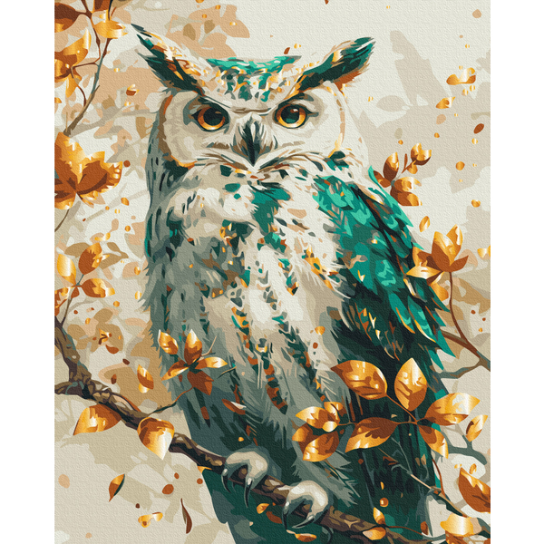 Картина по номерам Тварини, птахи та риби - Смарагдова сова з фарбами металік
